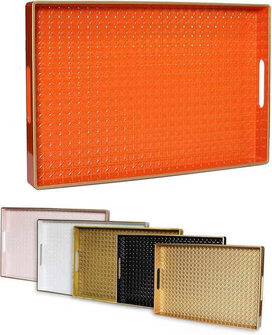 Orange Decorative Coffee Table Tray, Rectangular Plastic Serving Tray with Handles for Living Room, Ottoman, Bathroom, 15.7"*10.2"