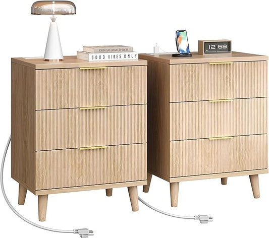 Fluted Night Stand Set of 2 with USB Charging Station, 3-Drawer Dresser Wood Modern Night Stand Bedside Table with Quiet Drawers & Large Storage End Table for Bedroom
