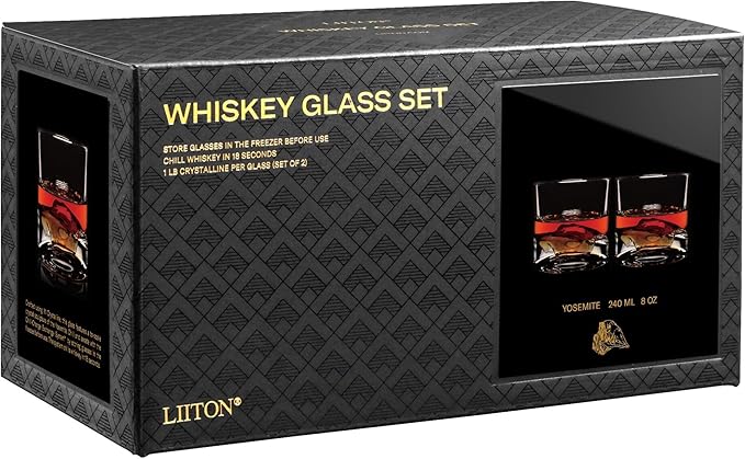 LIITON Yosemite Heavy Crystal Whiskey Glasses Gift Set of 2, Thick Freezable Bourbon Glass 1lb Each, Premium Whiskey Gifts for Men, Frozen Crystal Chills Cocktails, 10 oz