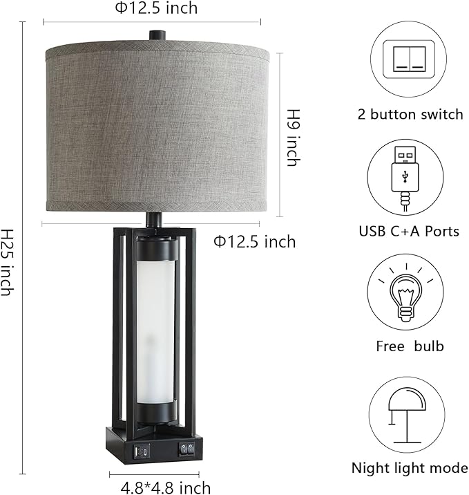 RORIANO Set of 2 Modern Table Lamps for Living Room with USB C+A Ports, Rustic Nightstand Lamp with White Night Light, Retro Desk Lamp for Bedroom End Table Entryway, 4 Bulb Included (Black)