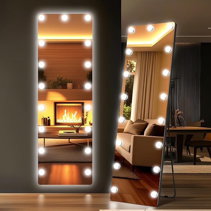 Kosmonia 56x18 Hollywood Full Length Mirror with Light, 17 Dimmable Bulbs & 3 Color Smart Touch Control, Distortion Free, Tempered Glass & Shatter Proof Film, Safe Full Body Mirrors with Stand