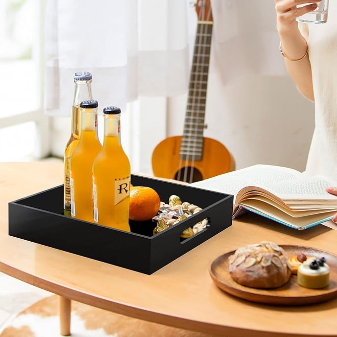 Home Decorative Coffee Table Tray, 10"x10" Elegant Acrylic Serving Trays with Handles Works for Eating, Breakfast, Makeup Drawer Organizer,Bathroom Vanity Table,Ottoman Tray, Black