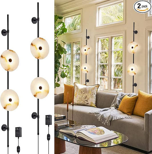 Alabaster Wall Sconce, 8W Round Natural Marble Set of Two, Plug in Wall Sconce Lamp Cord with Knob Dimmer Switch, Indoor LED Modern Wall Lamp for Bedroom, Stairs, Living Room, Bedside, Hallway