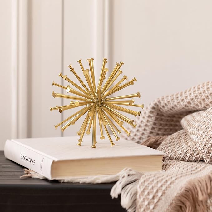4.5” Metal Spike Sphere Tabletop Decor, Gold Geometric Decorative Ball, Abstract Sculpture Table Decorations for Home, Art Decor Orb for Living Room Bedroom Office
