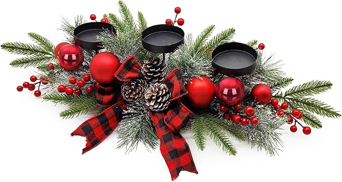 Christmas Table Centerpieces Decorations, 27.5 Inch Designed with Golden Bowknot Baubles Ornaments, Artificial Golden Berries and Pine Cones for Dining Room Table (Red Ball)