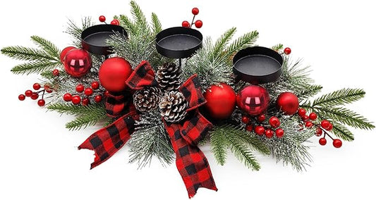 Christmas Table Centerpieces Decorations, 27.5 Inch Designed with Golden Bowknot Baubles Ornaments, Artificial Golden Berries and Pine Cones for Dining Room Table (Red Ball)
