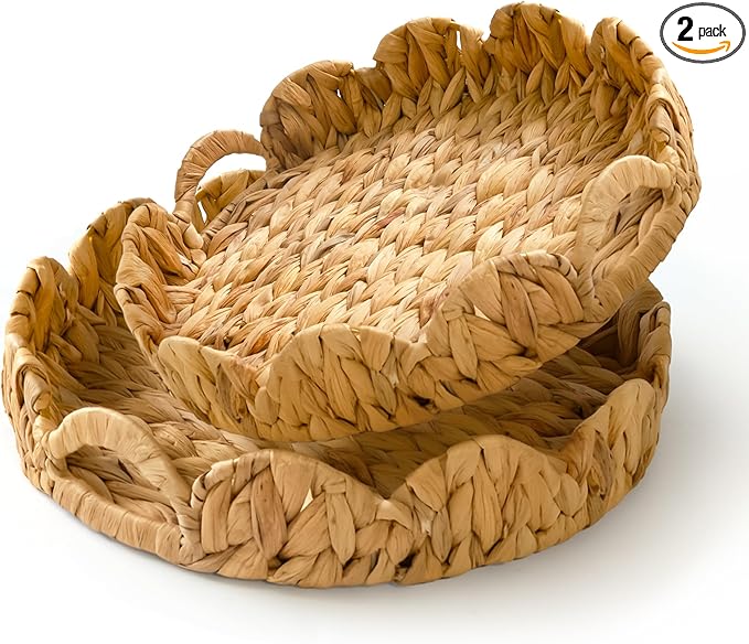 KOKODO Set of 2 Scalloped Round Wicker Tray – Handwoven Water Hyacinth Storage Baskets with Handles for Organizing, Bathroom, Living Room & Shelf Décor – Decorative Rattan Organizing Tray