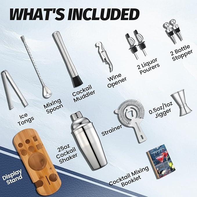 Cocktail Shaker Set Bartender Kit: 13-Pcs Bar Tools Set with Bamboo Stand, Essential Bar Accessories for Home: 25oz Martini Shaker, Jigger, Bar Spoon, Professional Cocktails Kit for Drink Mixing |Gift