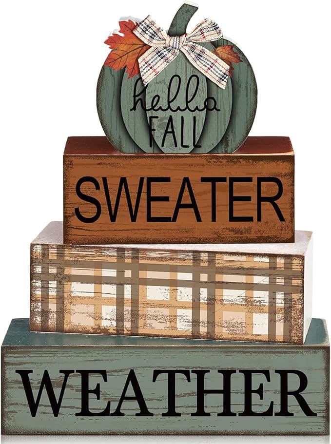 4 Pcs Fall Pumpkin Decor Fall Decorations for Home Thanksgiving Table Centerpiece Pumpkin Tiered Tray Decor Rustic Decorative Block Signs Farmhouse for Autumn Harvest Party Table Kitchen Home