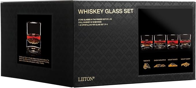 LIITON American Peaks Heavy Crystal Whiskey Glasses Gift Set of 4, Thick Freezable Bourbon Glass 1lb Each, Premium Whiskey Gifts for Men, Frozen Crystal Chills Cocktails, 10 oz