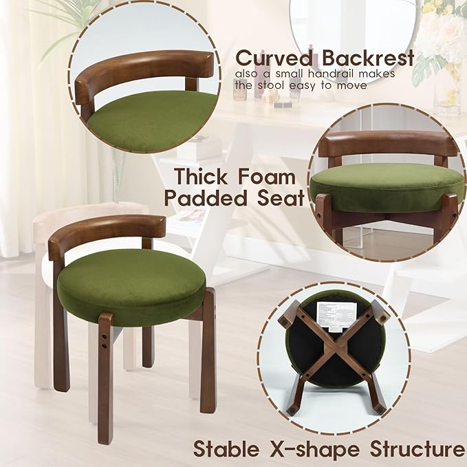 LukeAlon Cute Velvet Upholstered Vanity Stool, Round Makeup Stool with Wooden Legs Small Ottoman Chair Modern Padded Seat for Makeup Room Cloakroom Bedroom Entryway, Vintage Green