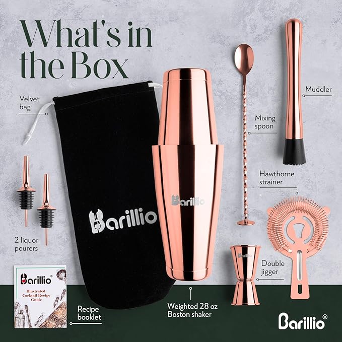 Barillio Rose Gold Boston Shaker Set - Stainless-Steel, Weighted Martini Cocktail Shaker Set w/Strainer & Mixer - Mixology Bartender Kit - Bar Set for The Home - 9-pc Drink Shaker Set - Bar Tools