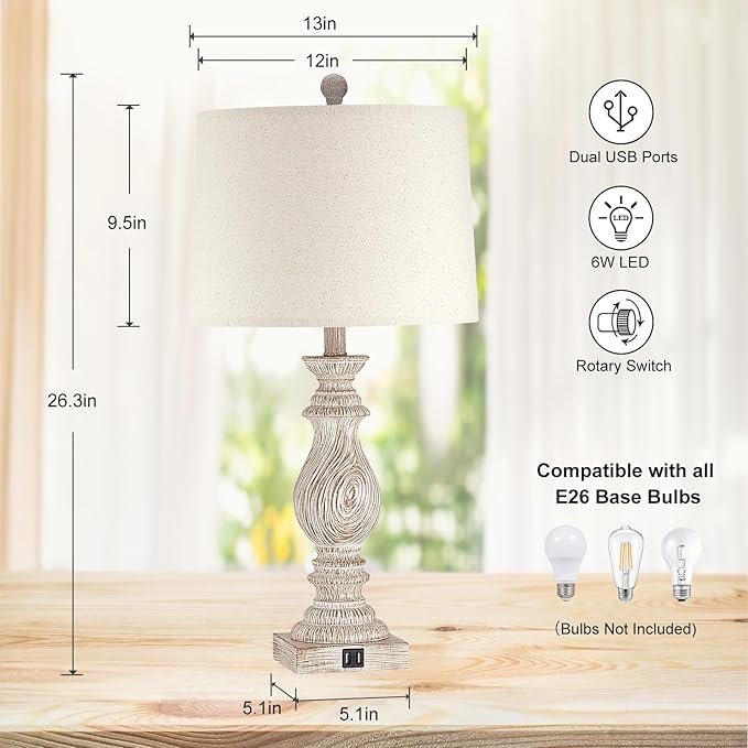 26.3” Rustic Table Lamps Set of 2 for Living Room Bedroom Beside Lamps with USB Charging Ports,Vintage Nightstand Lamp Farmhouse Dimmable End Table Resin Desk Lamp