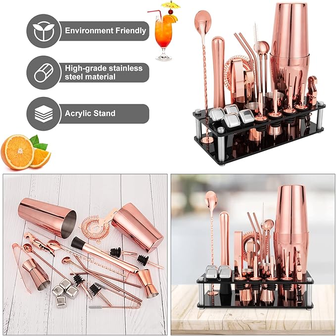 Cocktail Shaker Set, 23-Piece Boston Stainless Steel Bartender Kit with Acrylic Stand & Cocktail Recipes Booklet, Professional Bar Tools for Drink Mixing, Home, Bar, Party - Gold Rose