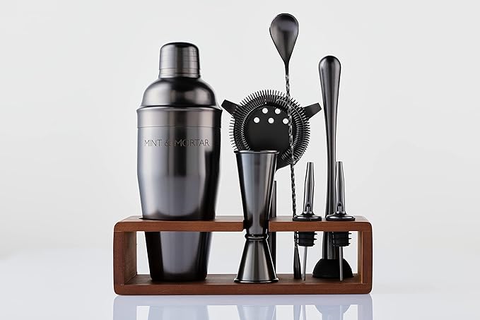Mint & Mortar Cocktail Shaker Set, 7-Piece Bartender Kit with Stand, 24oz Martini Shaker Bottle Stainless Steel Bar Tools, Home Bar Accessories Drink Mixer, Barware Gift Set - Gunmetal