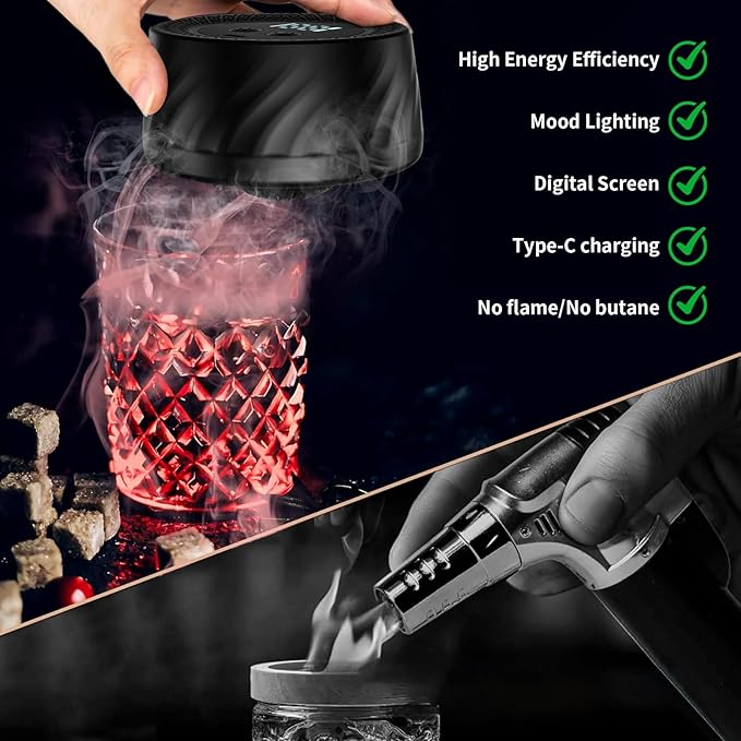 Electric Whiskey Smoker Kit with 6 Wood Chips, Built-in Lighter, Cocktail Old Fashioned Bourbon Drink Smoker Kit, No Butane Needed, Stocking Stuffers Christmas White Elephant Gifts for Adults Men