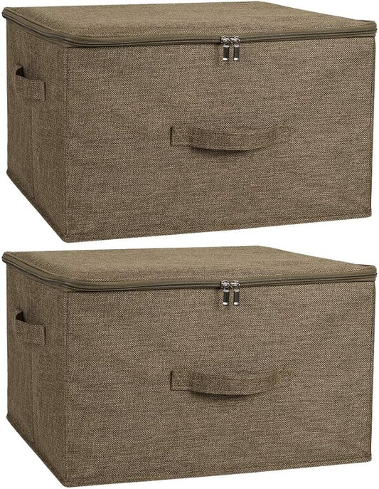 ANMINY 2PCS Storage Bins with Zipper Lids 51.9 Qt Lidded Fabric Storage Boxes Baskets Cubes with Handles Collapsible Washable Cotton Linen Closet Shelf Clothes Organizer - Coffee, Extra Large
