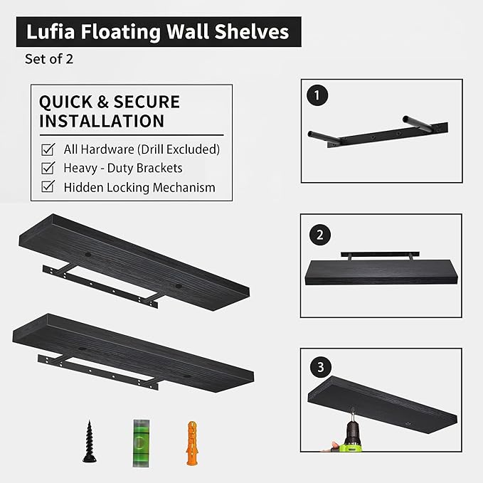 Lufia Floating Wall Shelves, Set of 2, MDF with Invisible Brackets, Modern Storage for Bedroom, Bathroom, Living Room, Kitchen (Black, 32" W x 7" D x 1.5" H)