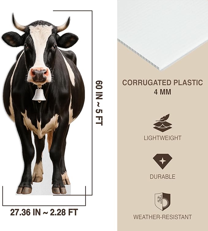 Cow Life Size Standee - 5FT Freestanding Coroplast Cutouts | Farm Animal Standup Photo Booths, Birthday & Halloween Decorations