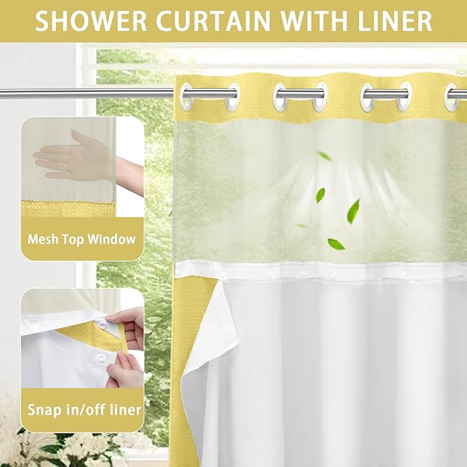 YellyHommy No Hook Shower Curtain with Snap in Liner Set Less Time Yellow Waffle Shower Curtain for Bathroom 75" L x 72" W Yellow
