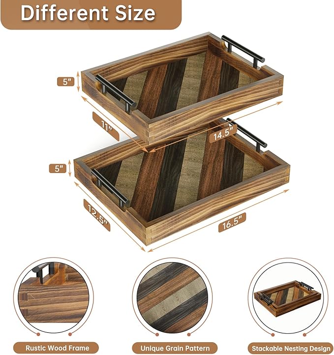 Butizone Wood Serving Tray with Handles, Rustic Ottoman Tray for Breakfast in Bed, Coffee Table, Entertaining, Home Decor, Decorative Nesting Trays, Ideal for Kitchen, Bedroom, Living Room, Set of 2