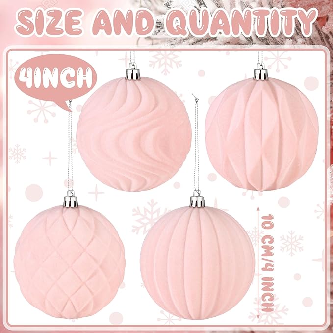 4 Pcs 4 Inch Large Velvet Christmas Ball Ornaments Vintage Christmas Plastic Ball Ornaments Flocked Tree Hanging Decoration for Xmas Party Wedding Home Decor(Pink)