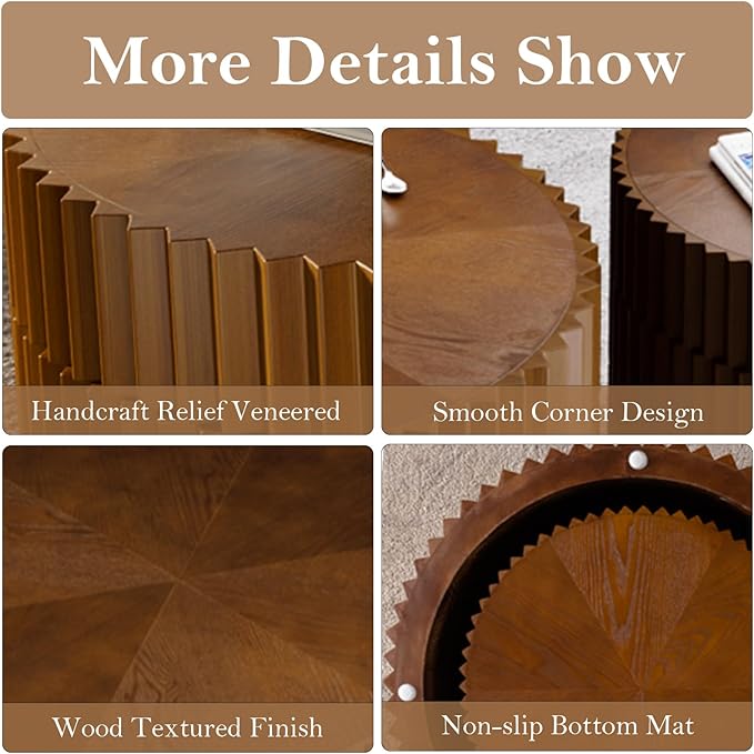 Round Nesting Tables - Handcraft Relief Veneered Walnut Fluted Circular Coffee Table Set of 2 with Non-Slip Bottom Pads for Living Room Balcony Bedroom Study (B 26.8+19.7in)