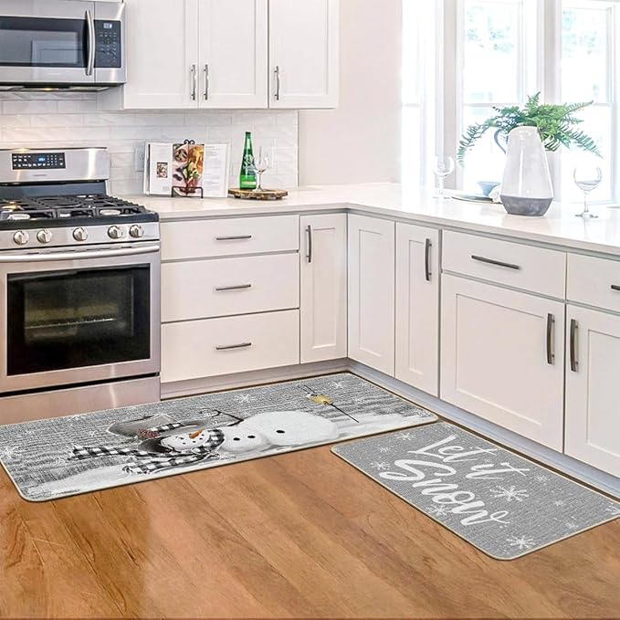 Artoid Mode Grey Let It Snow Snowflake Snowman Winter Kitchen Mats Set of 2, Christmas Decor Low-Profile Kitchen Rugs for Floor - 17x29 and 17x47 Inch