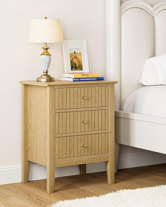 Fluted Nightstand, Farmhouse Night Stand with 3 Drawers, Mid Century Modern Side Accent Table,Bedside End Table for Bedroom, Living Room, Oak