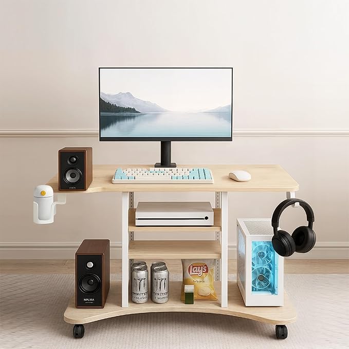 EUREKA ERGONOMIC Gaming Desk Computer, 37" Rolling Desk on Wheels for Small Space, Mobile Computer Cart with Pegboards Adjustable Shelves for Gaming PS Switch, Craft Station, Home Office - Maple