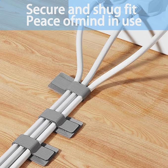 100 Pack Reusable Cable Management Ties, Adjustable Hook and Loop Cord Organizer, Strong Adhesive Wire Clips for Desk and Wall, Cable Holder for Home Office TV Computer, Grey