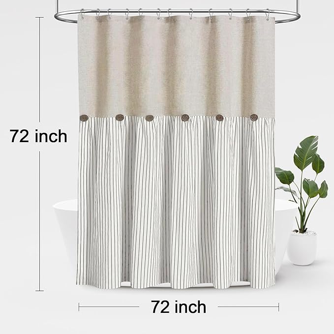 Awellife Farmhouse Beige Shower Curtain Button Linen Textured Woven Fabric,Pleated Grey Stripe,Country Style,72" W x 72" L