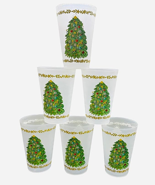 Marye-Kelley Christmas Tree Shatterproof 20 Oz Frosted Cups - Set of 6 Cups - BPA Free - Made in the USA Dishwasher Safe