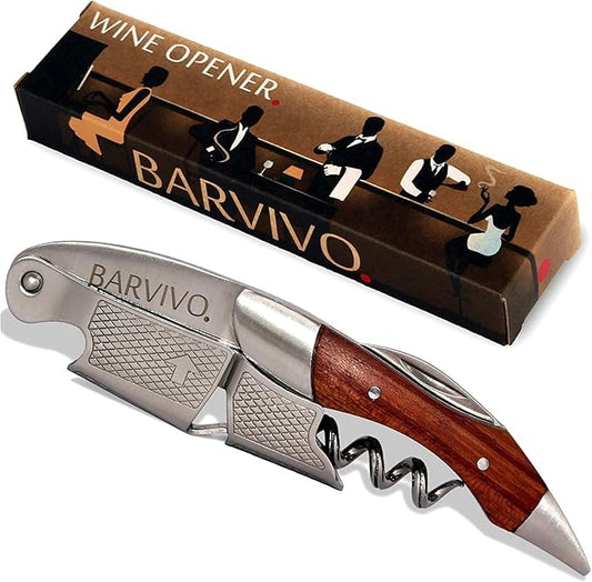 Barvivo Wine Bottle Opener with Double Hinged Corkscrew - 4.5-Inch Manual Wine Key with Foil Cutter and Cap Remover - Stainless Steel Bar Key Tool for Bartenders and Servers - Natural Rosewood Handle