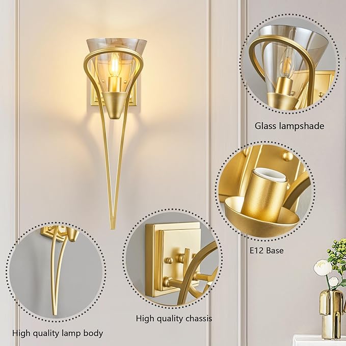Modern Gold Wall Sconce E12 Torch Decorative Wall Lights Industrial Wall Lights for Bedroom Bathroom Living Room Hallway