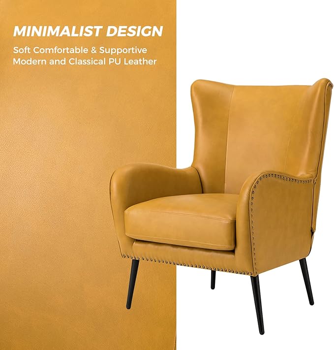 HULALA Home Faux Leather Accent Chair w/Removable Cushion, Comfy Upholstered Armchair with Black Metal Legs & Nailhead Trim Wingback Vanity Chair Desk Chair for Reading Living Room Bedroom, Yellow