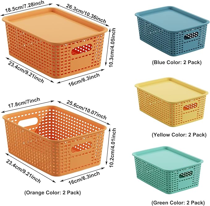 Colorful Plastic Storage Baskets with Lids 8 Pack Stackable Storage Bins Containers for Shelves Organizing, Colored Cute Decorative Storage Boxes for Classroom, Playroom, Closet, Pantry