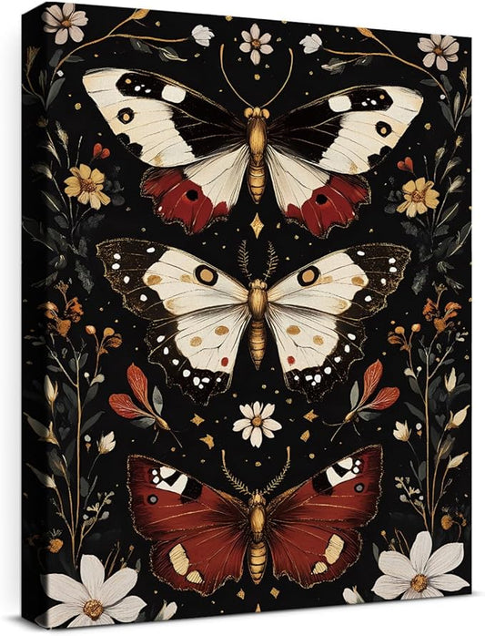 Aesthetic Moths Wall Art Decor Gothic Dark Academia Moth Canvas Print Poster Botanical Framed Painting Wall Decorations for Home Farmhouse Living Room Bedroom Decor 11x15 Inch