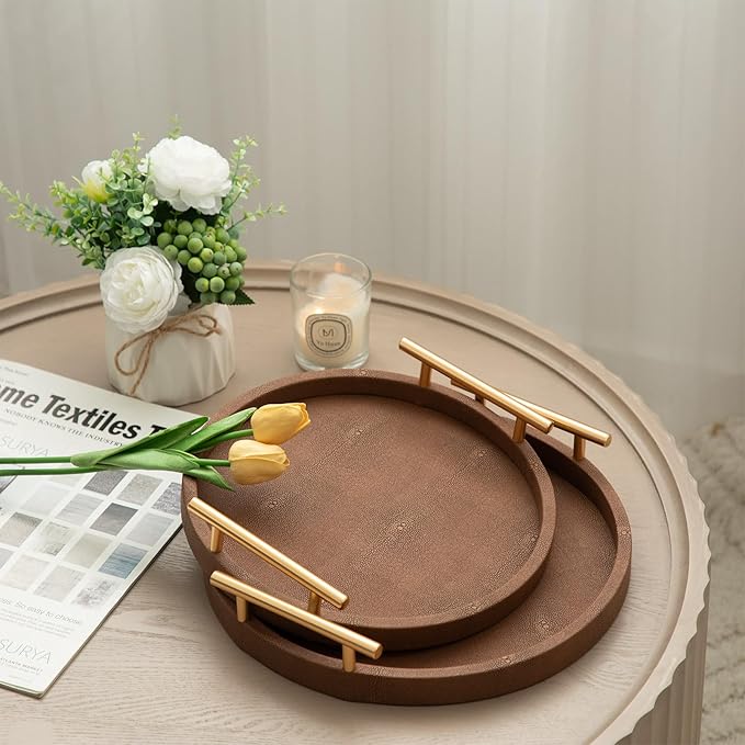Set of 2 Round Shagreen Serving Tray, Modern Decorative Tray with Gold Polished Metal Handles, Coffee Table Ottoman Trays Perfume Trays Living Room Bathroom Home Decor (Brown)