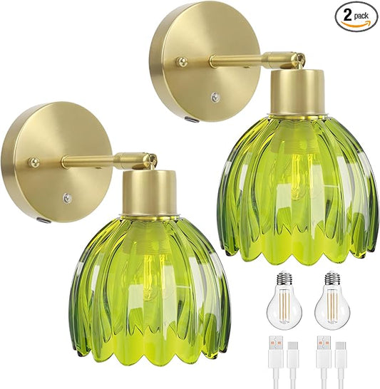 Vintage Battery Operated Wall Sconces Set of 2, 5200mAh Wireless Rechargeable Wall Lamps with Green Glass Tulip Lampshade, Cordless Wall Mounted Lights for Bedroom Vanity Living Room