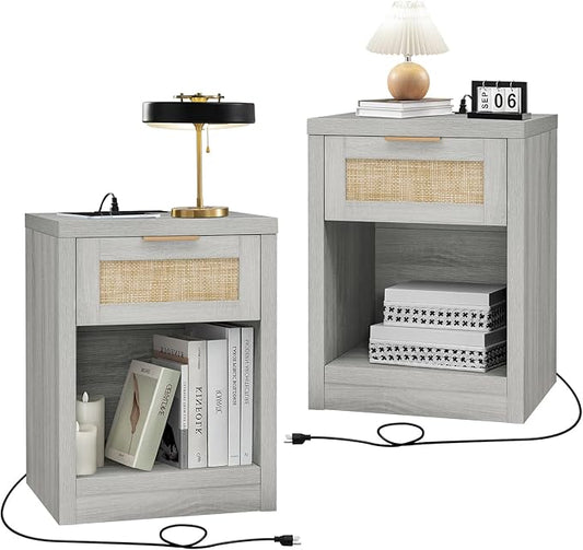 Nightstand Set of 2, Rattan Night Stand with Type-C Charging Station, Bedside Table with Drawer, Boho Bed Side Table End Table Accent Table for Bedroom Living Room (Pale Oak)