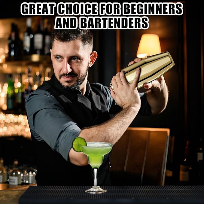 IOV Cocktail Shaker, 24 oz Martini Shaker, Drink Mixer with Built-in Strainer, Professional Stainless Steel Margarita Alcohol Shaker with Cocktail Recipe Guide, Bartender Kit Gifts, Gold