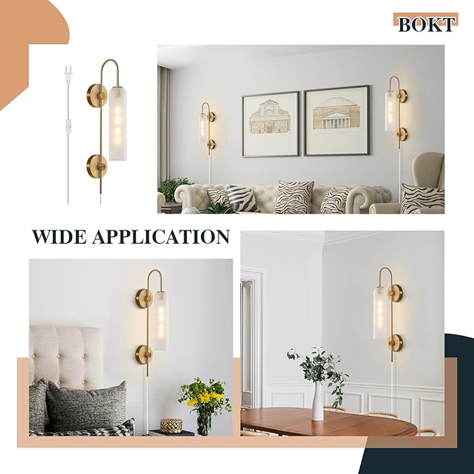 BOKT Mid Century Modern Plug in Wall Sconces Indoor Long Brushed Gold Milk White Glass Sconces Wall Lighting Single Wall Sconce Bathroom Vanity Light Brass Wall Mounted Light Fixture (White)
