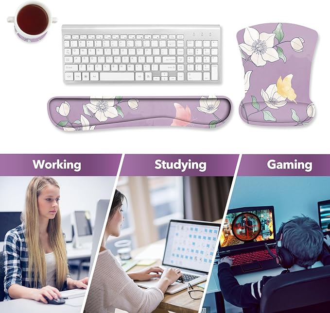 AIMSA Ergonomic Mouse Pad with Wrist Rest and Keyboard Wrist Rest, Ergonomic Memory Foam Wrist Support for Mouse and Keyboard, Easy Typing, Pain Relief, Purple Flower