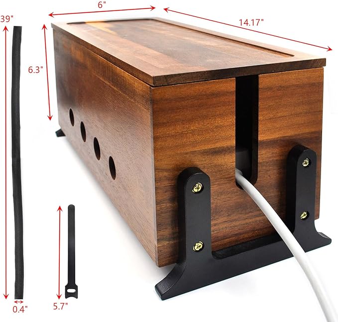 Large Cable Management Box, Wood Cord Hider Box & Organizer for Power Strip Hider Cable Storage for Office, TV Wires, Desk Cord Organizer, Vintage Walnut (14.1" x 6" x 6.3")
