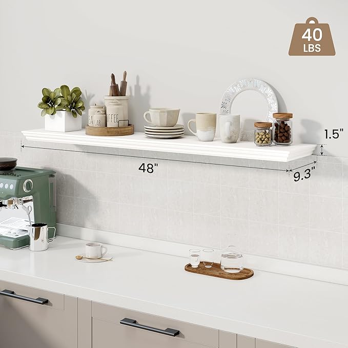 Axeman 48 Inch Floating Shelves for Wall, 9.3" Deep Crown Molding Wood Display Shelf with Heavy Duty Invisible Brackets for Living Room, Bedroom, Bathroom, Kitchen Decor & Storage, Set of 1, White