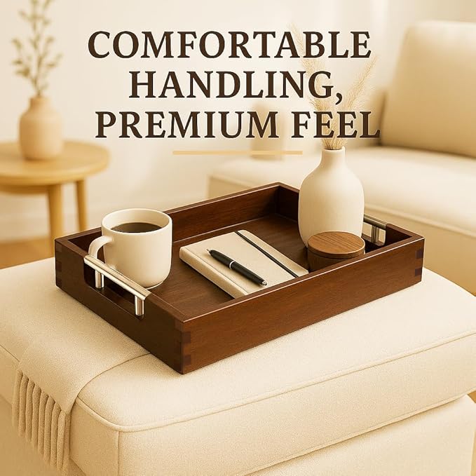 Serving Tray with Handles – 17 x 12 x 2 Inch Dark Brown Acacia Wood Ottoman Tray Table Decorative – Coffee Trays Wood Decor for Kitchen – Breakfast in Bed Trays with Silver Metal Handles