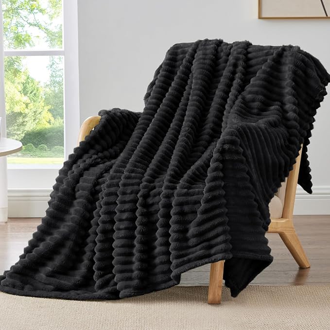 BEDELITE Fleece Throw Blanket for Couch - 300GSM Soft & Warm Fluffy Black Blanket, Decorative and Giftable Striped Blankets for Women, Men, 50"x60"