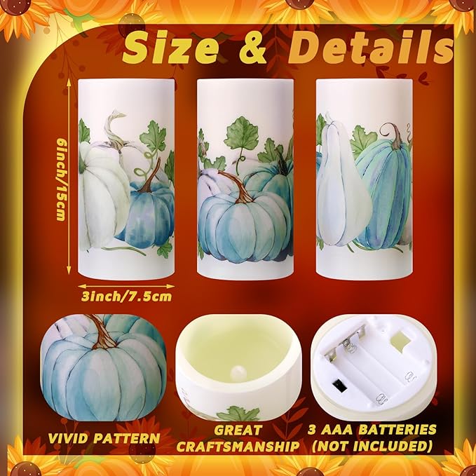ROCEEI 3 Pack Thanksgiving Fall Flameless LED Candles with Remote Blue Pumpkin Battery Operated Real Wax Black and White Autumn Candles Thanksgiving Decor Gift(Fresh Style)