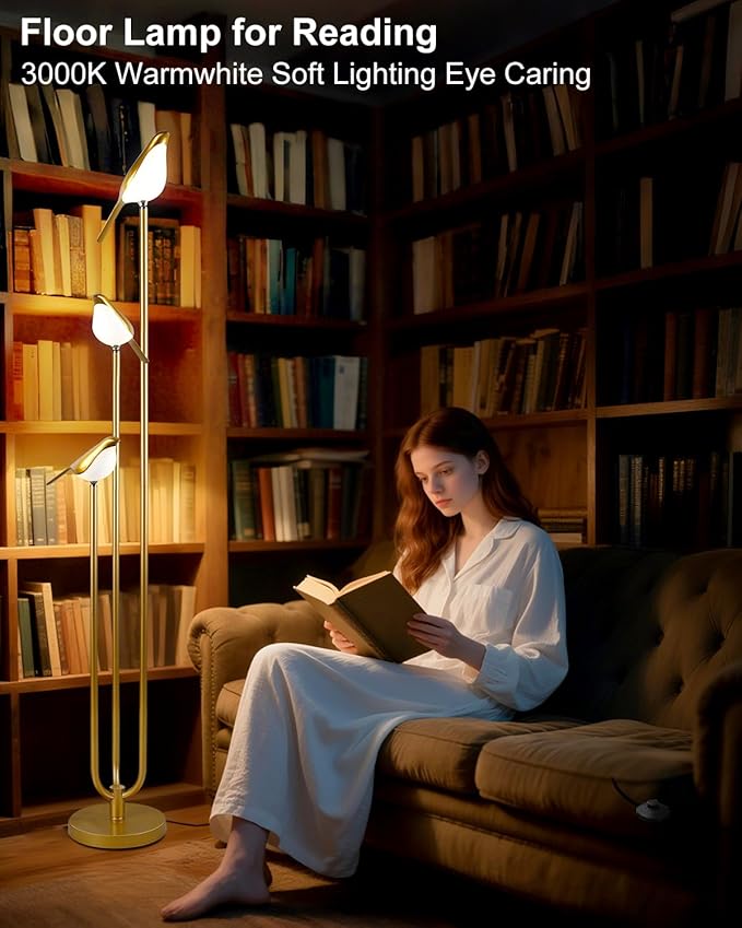 Lightdot Gold Floor Lamp for Living Room Modern Mid Century Standing Light with 3 Adjustable LED Bird Lights for Wedding Party Unique Candle Holder Style Tall Floor Lamp for Bedroom Kids Room